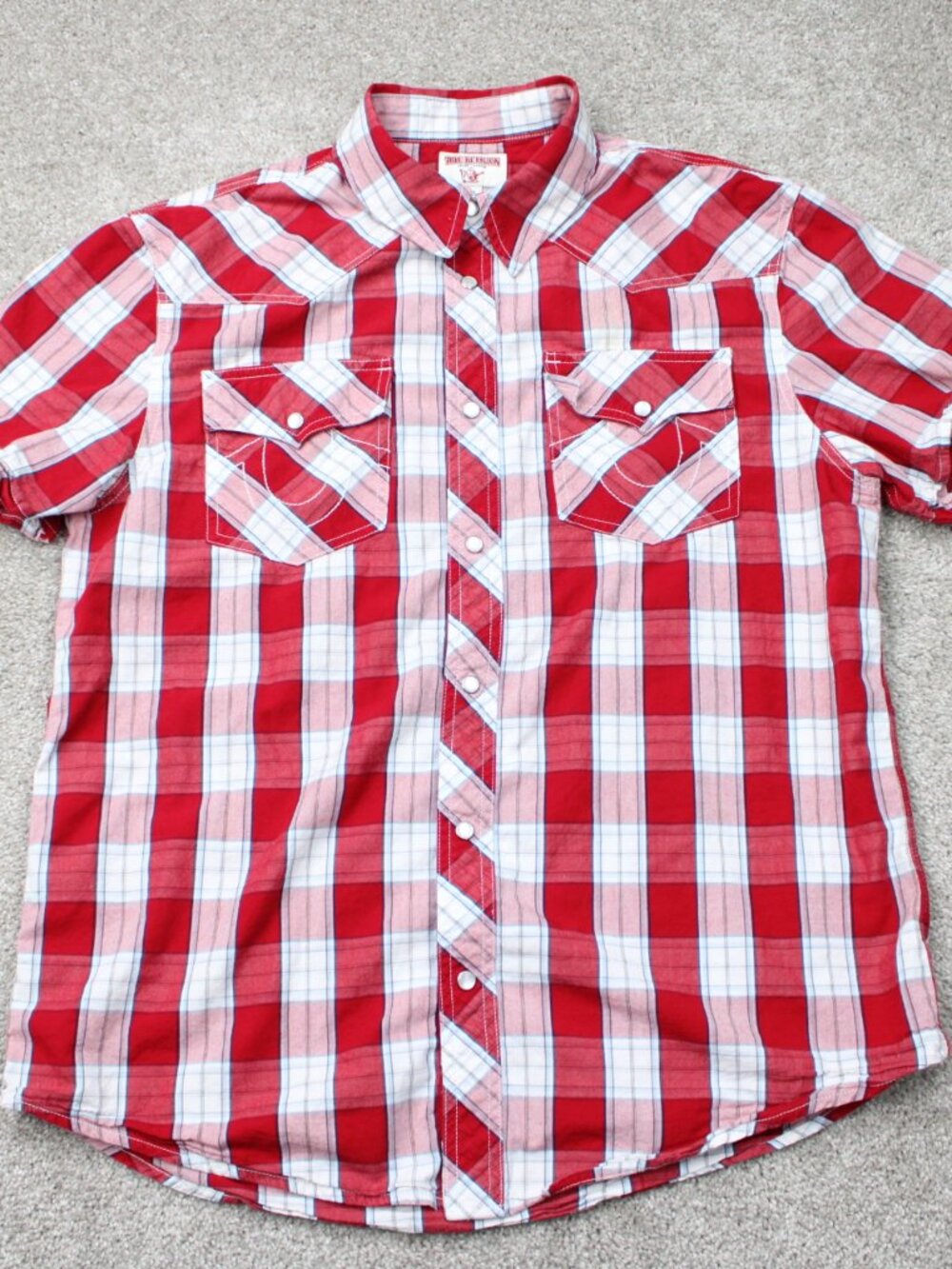 True Religion Shirt Mens Large Red Plaid Pearl Snap Western Short Sleeve Preppy